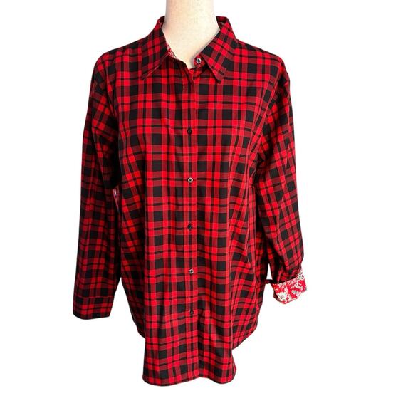 Chaps No Iron Shirt Womens Plus Size 2X Red Black Plaid Tunic Button Upn EUC - Picture 1 of 7